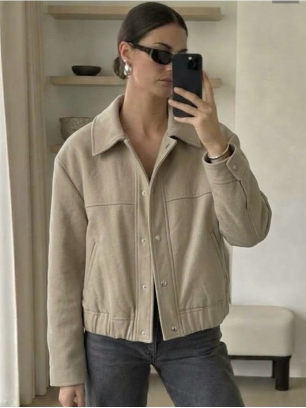 Zara Cropped Bomber Jacket Beige Cream Structured Shoulder Zip Jacket XL